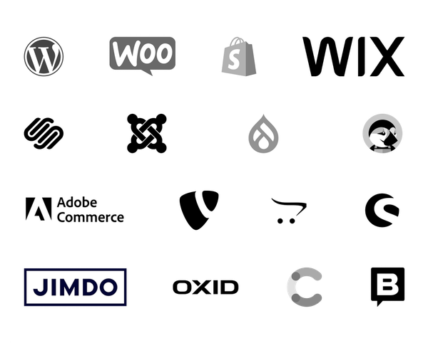Logos of website platforms including WordPress, WooCommerce, Shopify, Wix, Squarespace, Joomla and others.