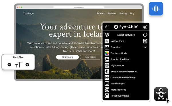 Website with the Eye-Able Assist widget opened, showing accessibility settings such as contrast mode and text size adjustment.
