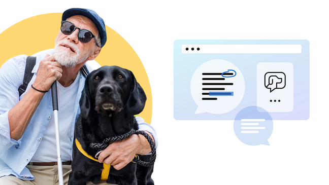 Elderly man with a guide dog communicating through digital chat icons