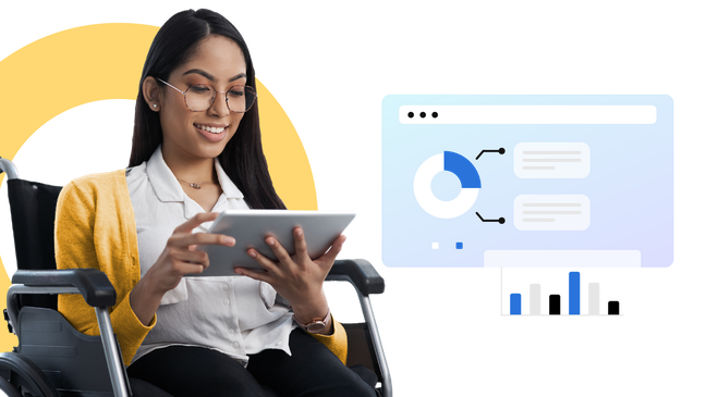 Woman in a wheelchair working on a tablet with data and graphs displayed