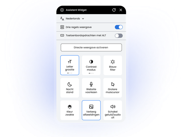 Eye-Able widget met toegankelijkheidsfuncties zoals tekstgrootte, contrast, spraak en nachtmodus.