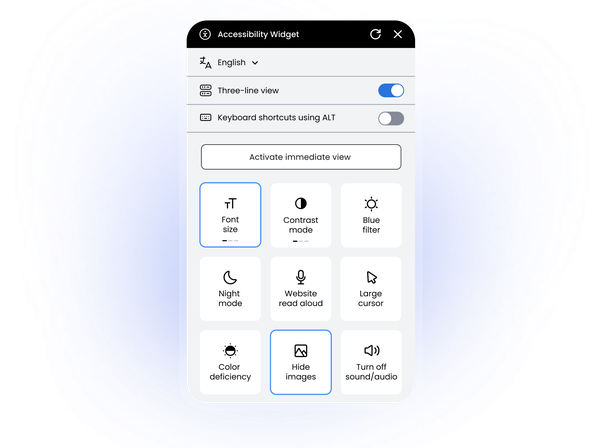 Eye-Able widget showing accessibility functions like text size, contrast, voice and night mode.