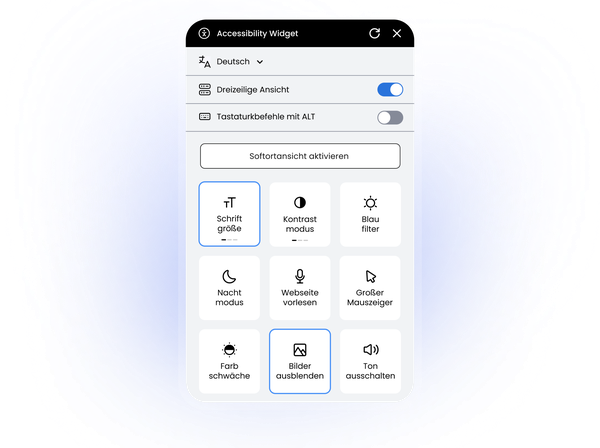 Eye-Able Assistenz Widget mit Barrierefreiheitsfunktionen wie Schriftgröße, Kontrast, Sprachsteuerung und Nachtmodus.