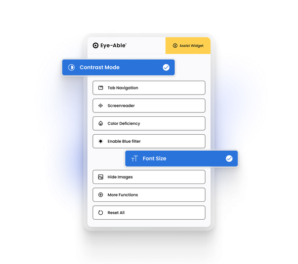 Eye-Able widget showing accessibility functions like text size, contrast, voice and night mode.