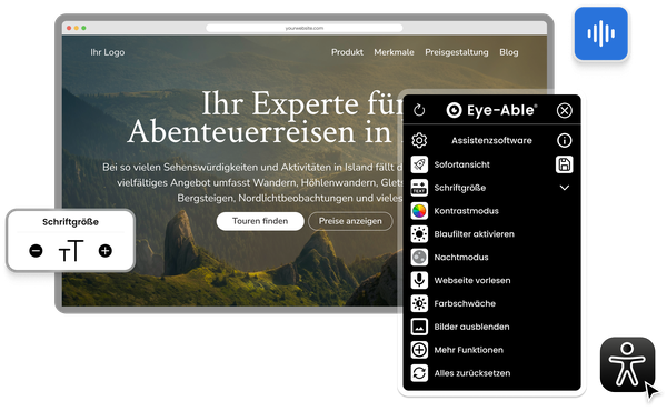 Website mit geöffnetem Eye-Able Assist Widget und Anzeige von Barrierefreiheitsfunktionen wie Kontrastmodus und Schriftgrößenanpassung