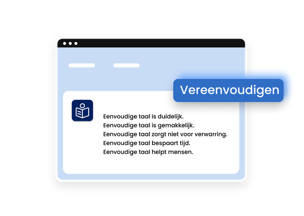Eye-Able interface met functie voor eenvoudige taal die vereenvoudigde tekst toont.