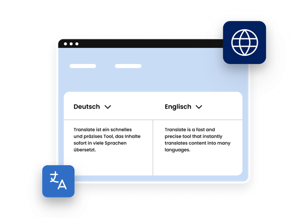 Eye-Able Übersetzungsoberfläche mit Inhalten auf Deutsch und Englisch sowie Sprachsymbolen.