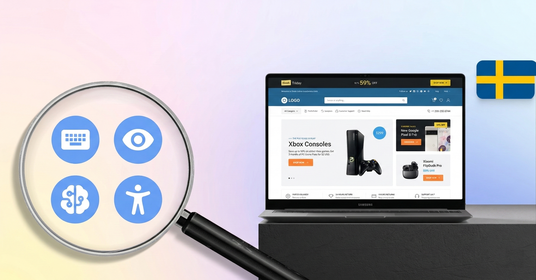 Laptop with electronics website, magnifying glass with accessibility icons and Sweden flag