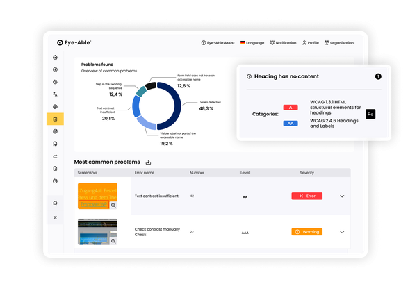 Eye-Able Audit issue overview with problem categories, WCAG references, and severity levels.