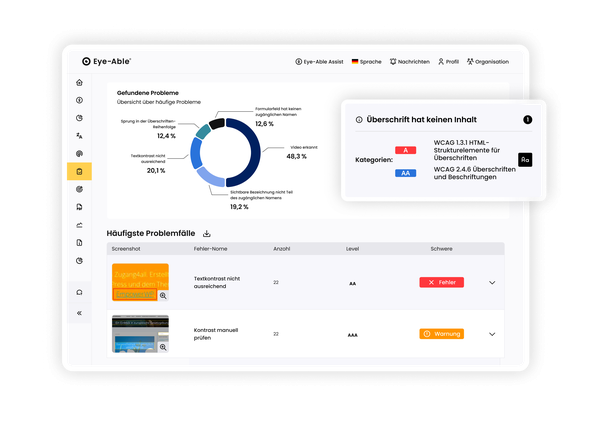 Eye-Able Audit Fehlerübersicht mit Problemkategorien, WCAG-Referenzen und Schweregrad.