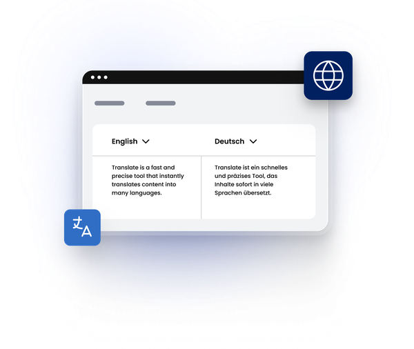 Eye-Able translation interface showing content in German and English with language icons.