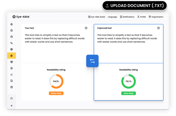 Text simplification view comparing original and improved text with readability scores