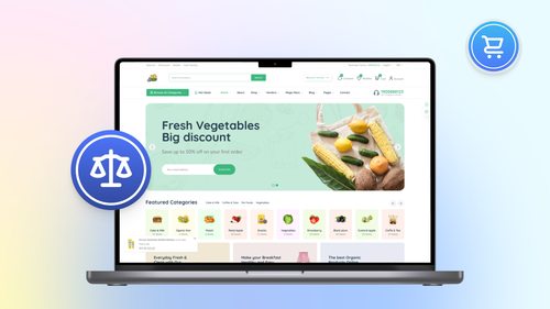 Ordinateur portable affichant une page d’un supermarché en ligne, avec deux icônes représentant une balance et un panier d’achat.