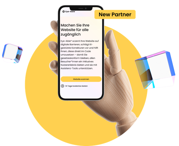 Wooden hand holding a smartphone displaying website content, new partner logo, and surrounding cubes