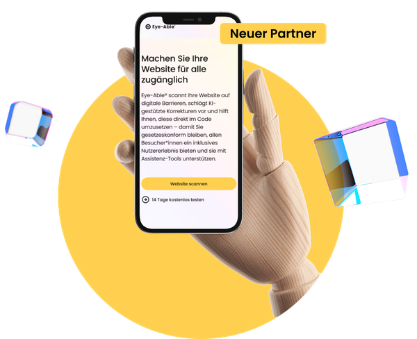 Holzhand mit Smartphone, auf dem Website-Inhalte zu sehen sind, neues Partner-Logo und umgeben von Würfeln