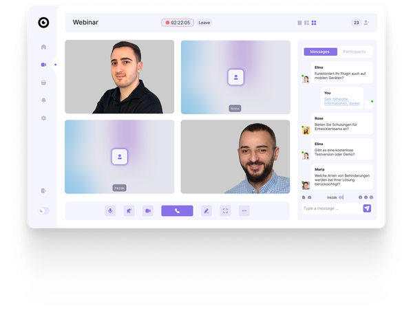 An illustrating image showing a webinar interface with video screens, participant list, and chat messages. Two screens show participants, and two remain empty.