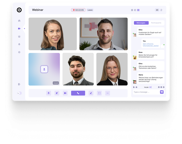 Video conference interface showing four participants, chat messages, and controls.