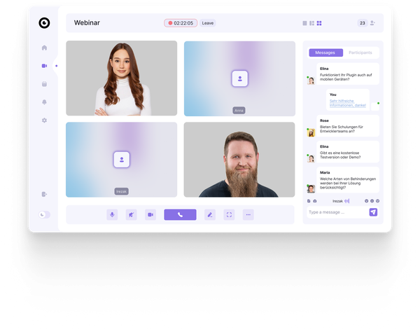 Eine Webinar-Oberfläche mit Video-Feeds, Chat-Bereich und Teilnehmerliste. Das Video eines Teilnehmers ist aktiv, die anderen sind inaktiv.