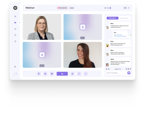 Webinar screen showing four video tiles (two live women, two placeholders), German chat column on right, timer and control bar below.