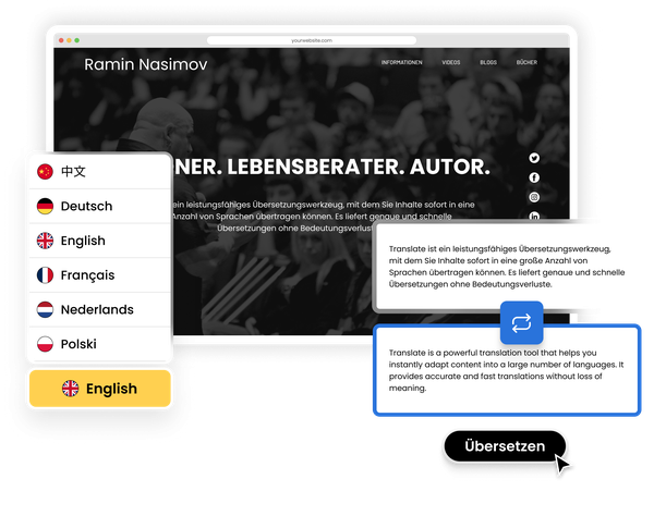 Website mit Eye-Able Translate Widget zur Sprachauswahl und sofortigen Inhaltsübersetzung.