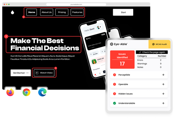 Website preview with the Eye-Able WCAG Audit widget displaying accessibility issues found and issue categories.