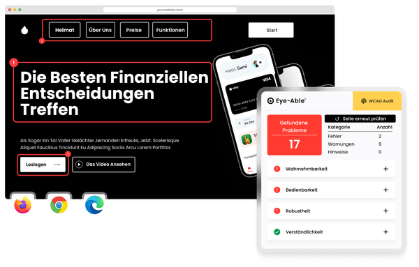 Website-Vorschau mit dem Eye-Able WCAG-Audit-Widget, das gefundene Barrierefreiheitsprobleme und Kategorien anzeigt.