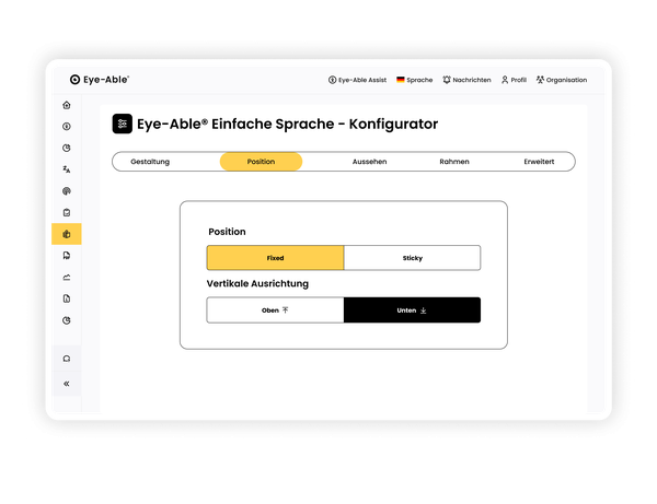Eye-Able Konfigurator für Einfache Sprache mit Positions- und Anzeigeeinstellungen.