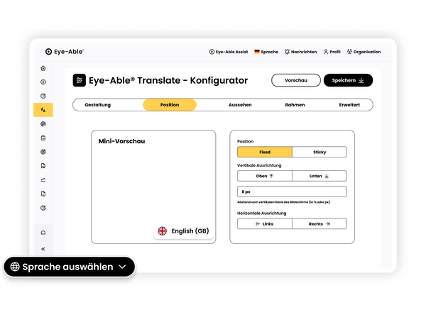 Eye-Able Translate Konfigurator zur Positionierung und Anpassung des Sprachumschalters.