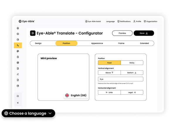 Eye-Able Translate configurator interface for positioning and customizing the language switcher.