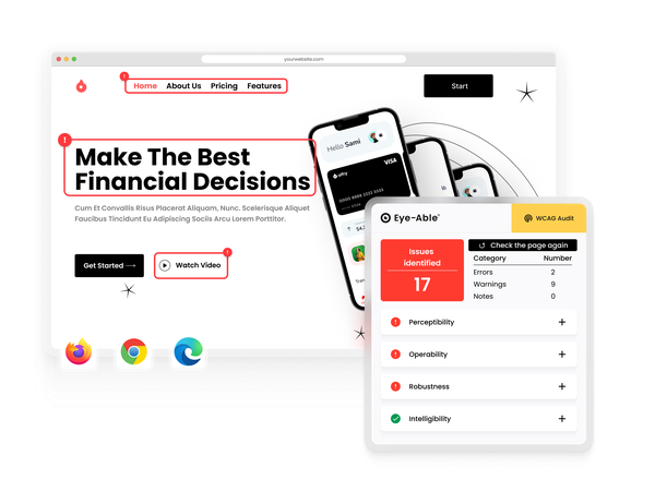 Eye-Able Audit displaying detected accessibility issues on a website with WCAG categories and issue counts.