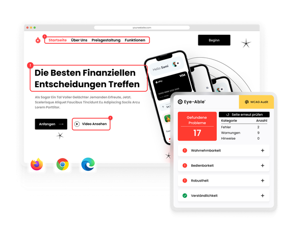 Eye-Able Audit zeigt erkannte Barrieren auf einer Website mit WCAG-Kategorien und Fehleranzahl.