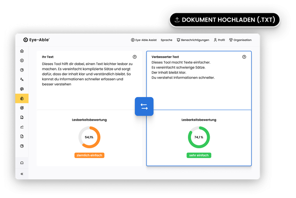 Ansicht zur Textvereinfachung mit Vergleich von Original- und verbessertem Text inklusive Lesbarkeits-Score.