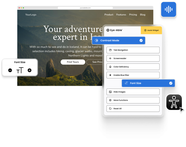 Website with the Eye-Able Assist widget opened, showing accessibility settings such as contrast mode and text size adjustment.