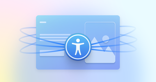 Illustratie van een webinterface met in het midden het universele toegankelijkheidssymbool. Blauwe lijnen verbinden verschillende onderdelen van de pagina, wat laat zien hoe toegankelijkheidsfuncties doorwerken in content, layout en media binnen een website.