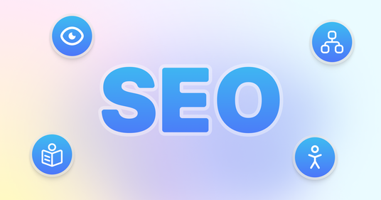 Illustratie met het woord “SEO” in grote blauwe letters. Rondom staan pictogrammen voor toegankelijkheid en content, zoals een oog (zichtbaarheid), een boek (leesbaarheid), een netwerkstructuur (structuur) en het universele toegankelijkheidssymbool. De afbeelding verbindt SEO met digitale toegankelijkheid