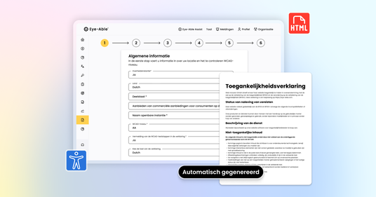 Screenshot van het Eye-Able-dashboard waarin stap 1 van een formulier voor een toegankelijkheidsverklaring wordt ingevuld. Rechts is een automatisch gegenereerde Toegankelijkheidsverklaring zichtbaar met secties over naleving, dienstbeschrijving en niet-toegankelijke inhoud. De afbeelding toont hoe een HTML-toegankelijkheidsverklaring automatisch wordt aangemaakt op basis van ingevoerde gegevens.