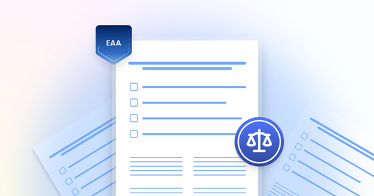 Illustratie van een document met een checklist en selectievakjes, voorzien van een EAA-badge en een pictogram van een weegschaal. De afbeelding staat voor wettelijke eisen en controlepunten rondom de European Accessibility Act en digitale toegankelijkheid.