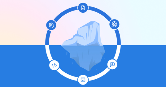 Illustration of an iceberg surrounded by icons for testing, technology, feedback, documentation, and certification, symbolizing the visible and hidden aspects of digital accessibility.