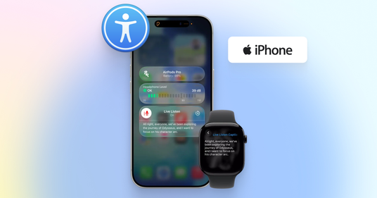iPhone en Apple Watch met toegankelijkheidsfuncties in beeld. Op het iPhone-scherm zijn opties zoals Live luisteren, geluidsniveau van koptelefoons en ondertiteling zichtbaar. Op de Apple Watch wordt live transcriptie getoond. Het toegankelijkheidssymbool en het Apple iPhone-logo benadrukken inclusieve functies voor gehoorondersteuning.