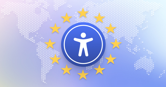 Barrierefreiheits Icon mit 10 gelben Sternen und Weltkarte im Hintergrund