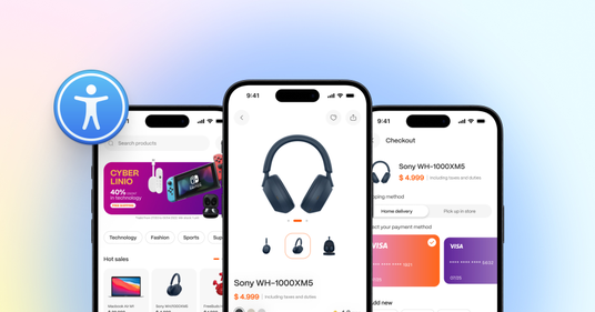 Drie smartphoneschermen met een e-commerce-app. In het midden staat een productpagina voor de Sony WH-1000XM5 koptelefoon, links een overzicht met aanbiedingen en rechts het checkout-scherm met betaalopties. Het universele toegankelijkheidssymbool linksboven benadrukt toegankelijke online winkelervaringen.