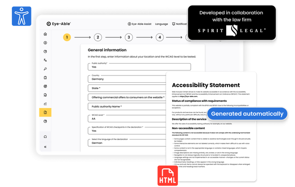 Eye-Able" web app screen showing a form for accessibility testing (WCAG AA), an automatically generated Accessibility Statement, and a "Spirit Legal" collaboration badge