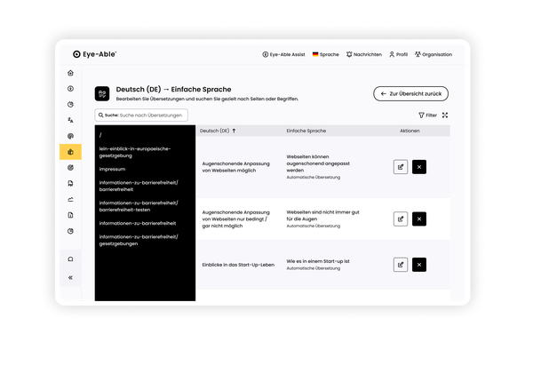Eye-Able-Dashboard in Einfacher Sprache, das Änderungen zwischen Texten anzeigt.