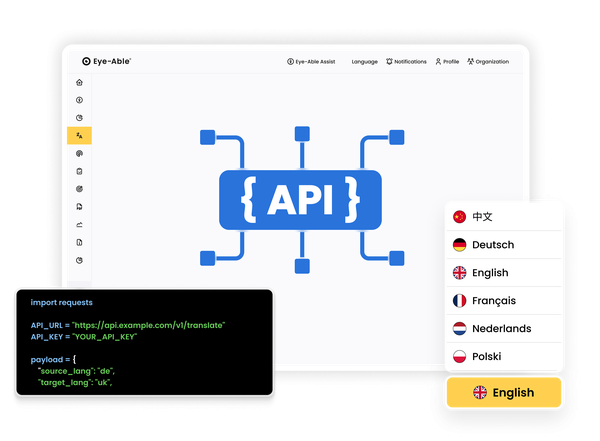 Eye-Able Translate API interface with code example and multi-language support.