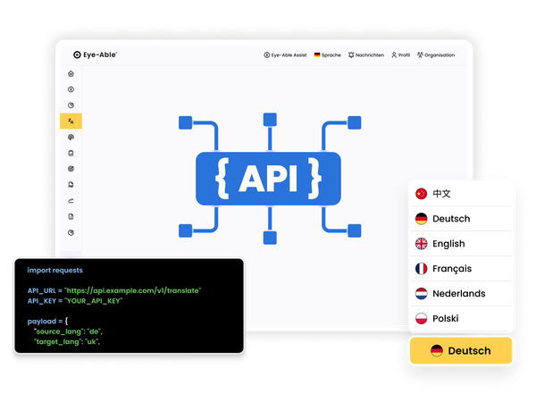 Eye-Able Translate API-Ansicht mit Codebeispiel und Unterstützung mehrerer Sprachen.