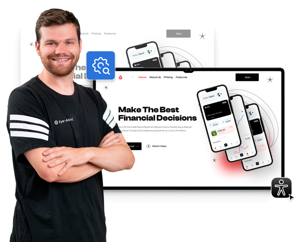 Man standing next to a website interface with the Eye-Able Assist widget showing accessibility features.