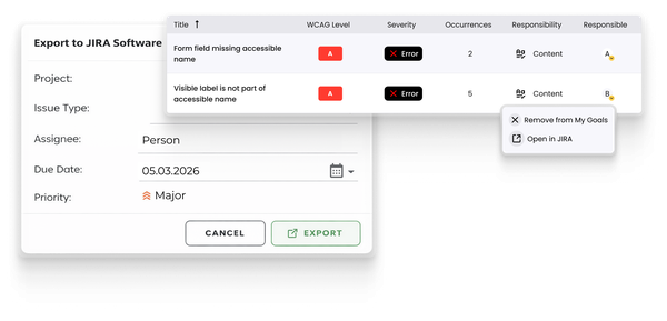 Export accessibility issues to Jira software