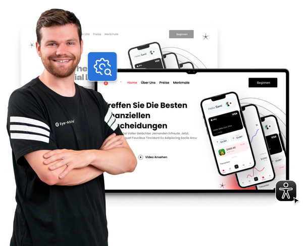 Mann steht neben einer Webseitenoberfläche mit dem Eye-Able Assist Widget und dessen Barrierefreiheitsfunktionen.