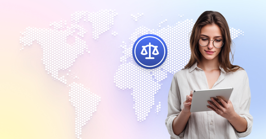 Woman with a tablet and world map in the background.