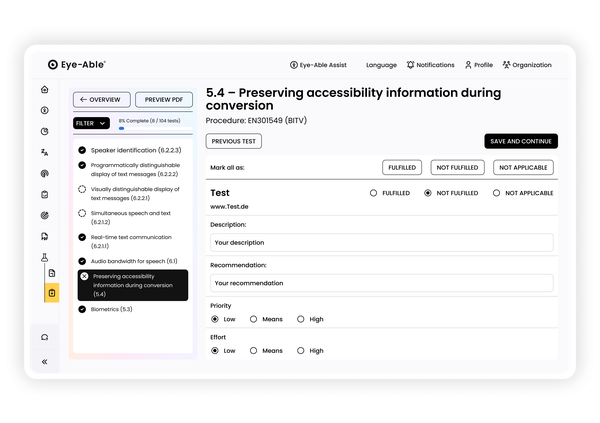 Accessibility test form for preserving info on conversion